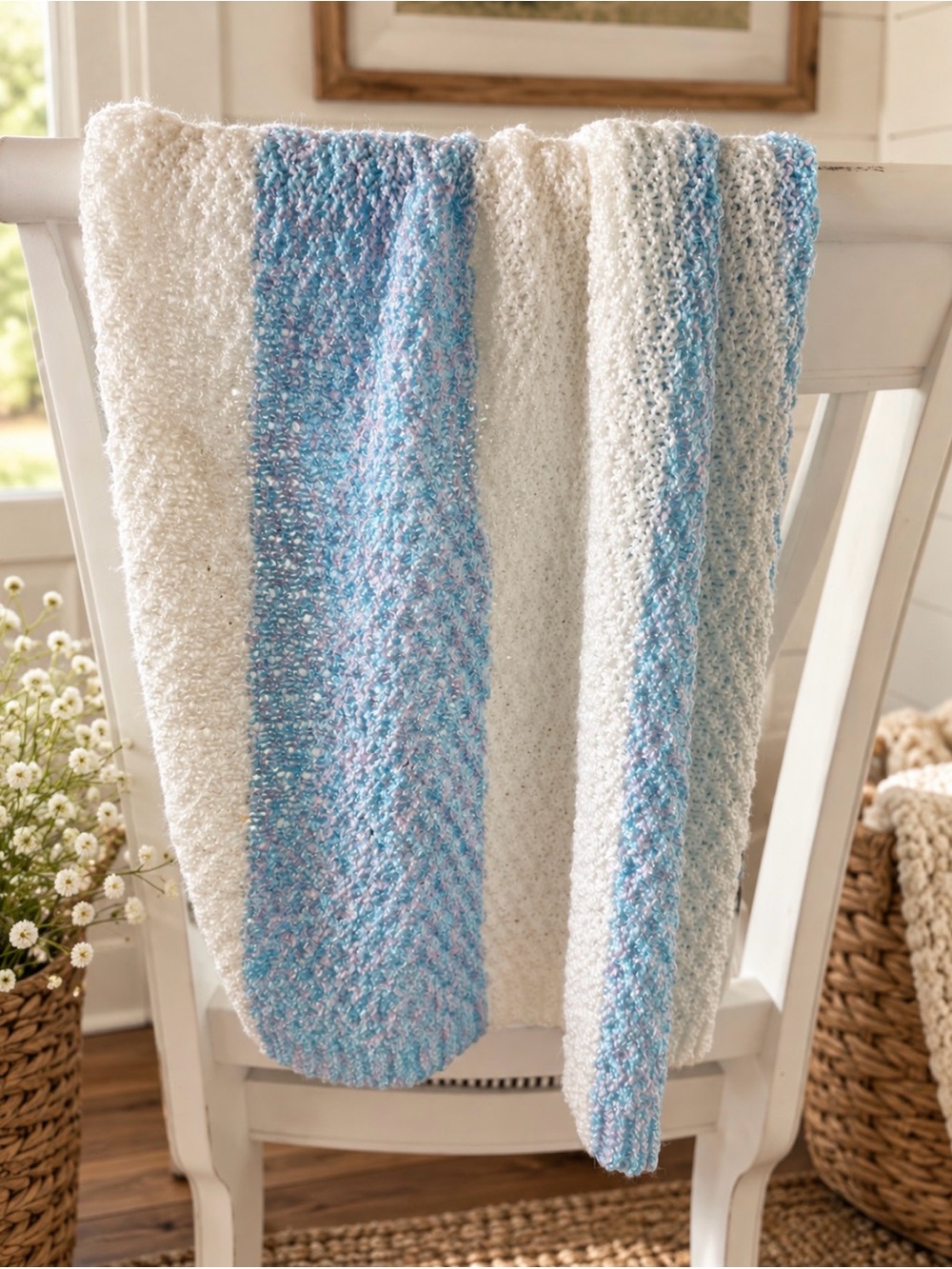 Plush White Receiving Blanket 
with Light Blue Stripes - Baby  Blanket